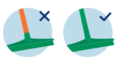 Verkeerde kleurencombinaties van werkmaterialen van Vikan. In plaats van een borstel en trekker van dezelfde kleur (groen), is de trekker op dit plaatje groen en de steel oranje.