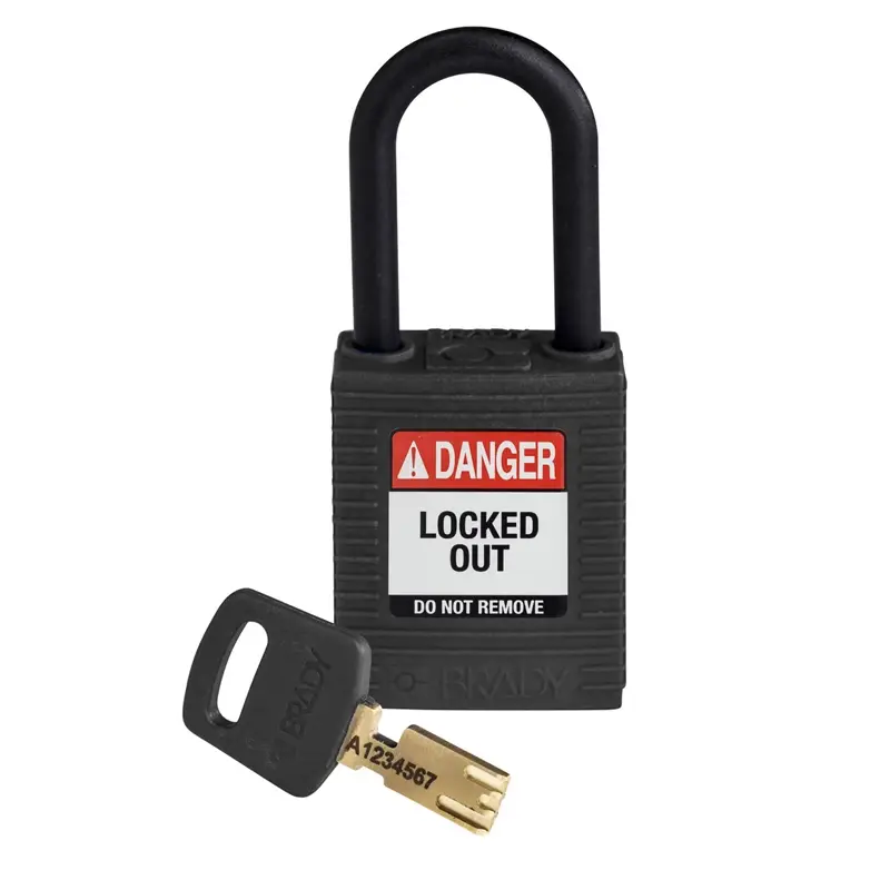 Cadenas de sécurité Brady SafeKey en nylon noir, modèle 150231, signalant un danger de verrouillage.