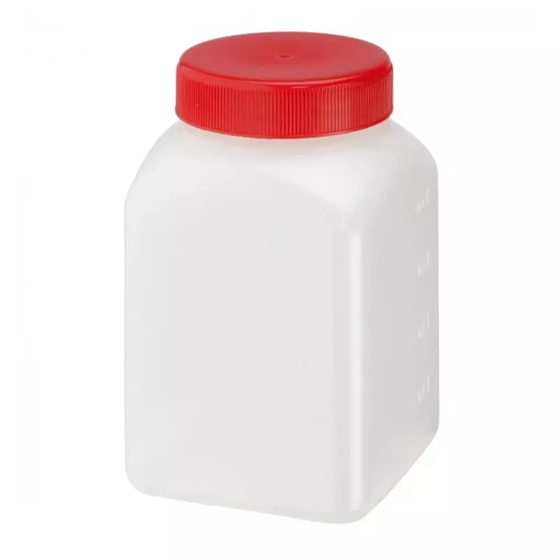 Sample jar square screw cap sterile HDPE 76x76x120 mm DIN60 500 ml red
