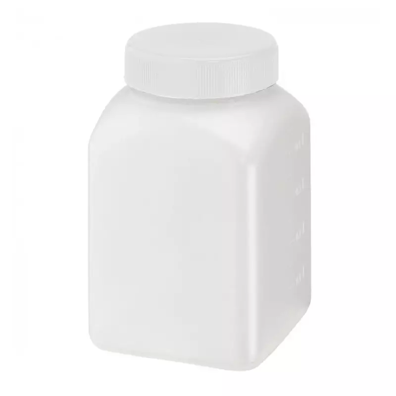 Sample jar square screw cap sterile HDPE 76x76x120 mm DIN60 500 ml white