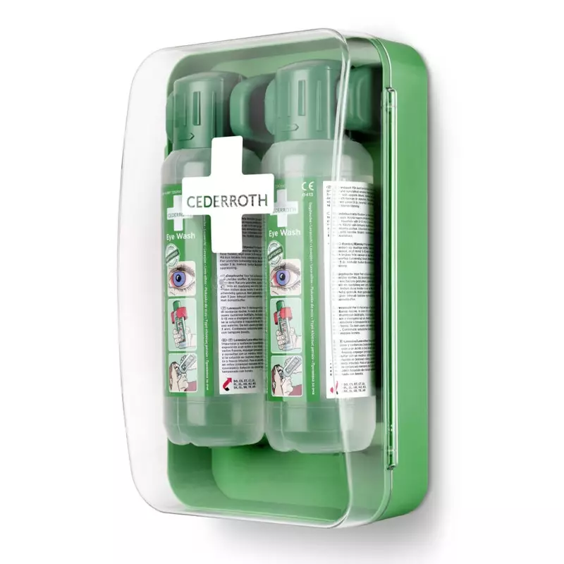 Support mural Cederroth 51011040 fermé avec 2 flacons de solution oculaire de 500 ml
