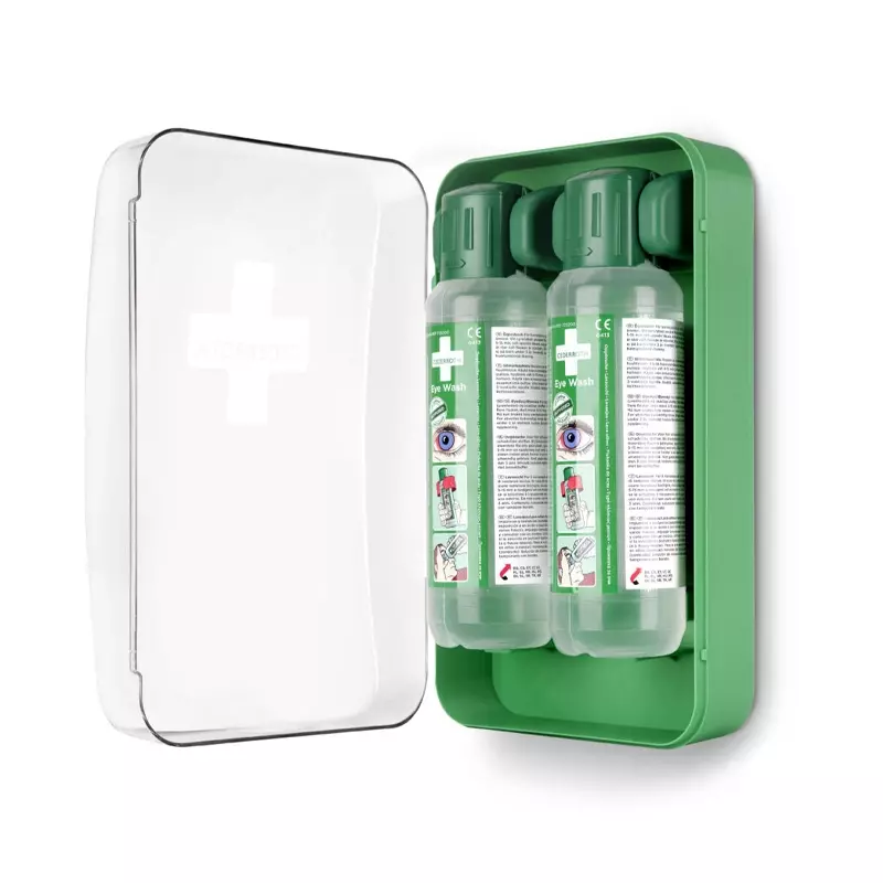 Support mural Cederroth 51011040 fermé avec 2 flacons de solution oculaire de 500 ml