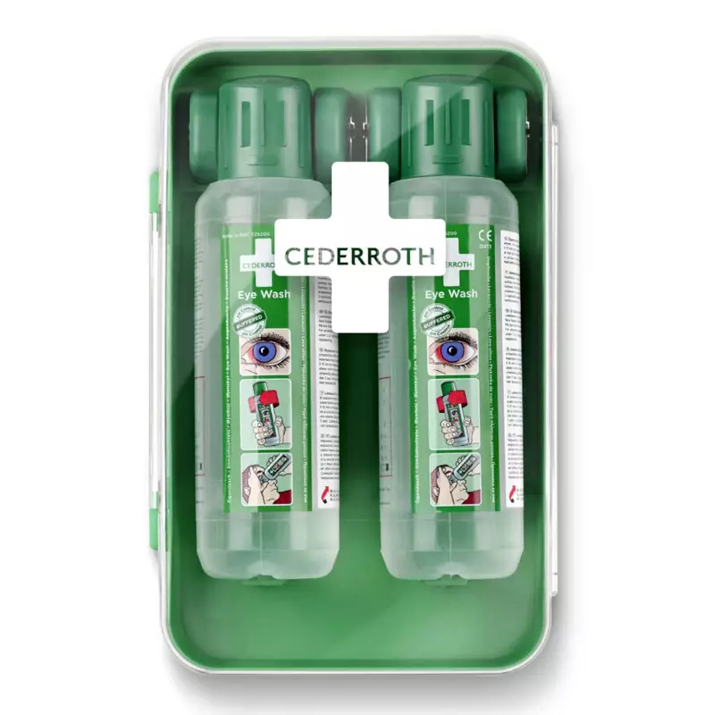 Support mural Cederroth 51011040 fermé avec 2 flacons de solution oculaire de 500 ml