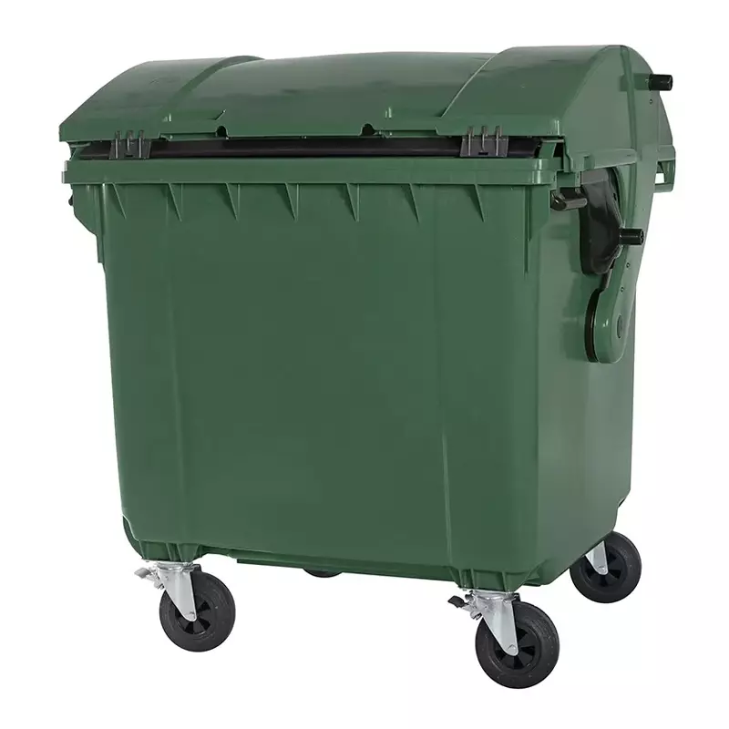 Conteneur à déchets plastiques 1100 litres, couvercle rond, quatre roues, vert