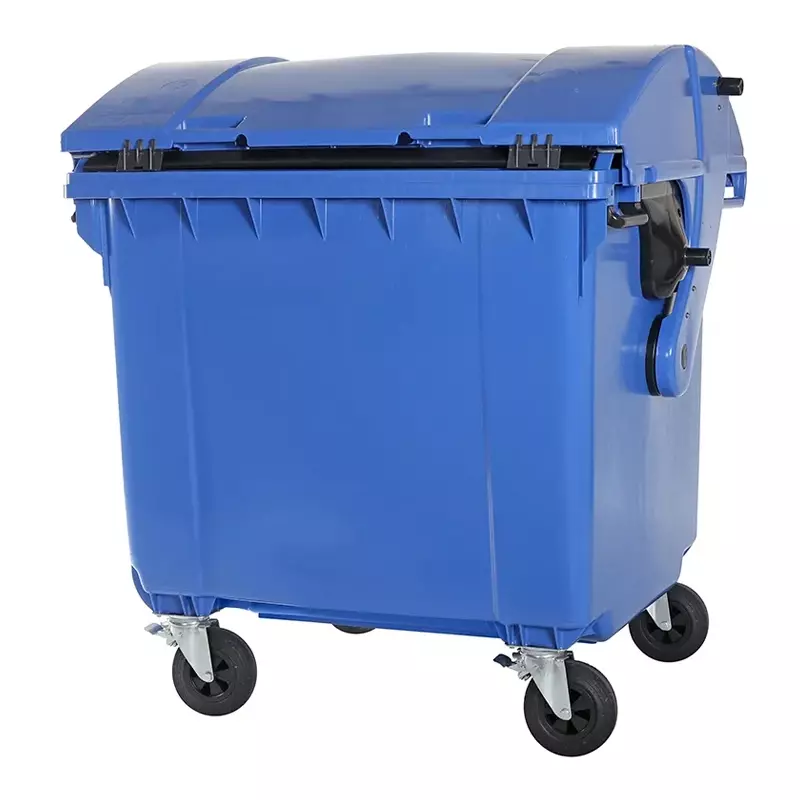 Plastic waste container 1100 liters round lid with four wheels blue