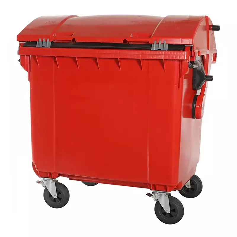 Plastic waste container 1100 liters round lid with four wheels red