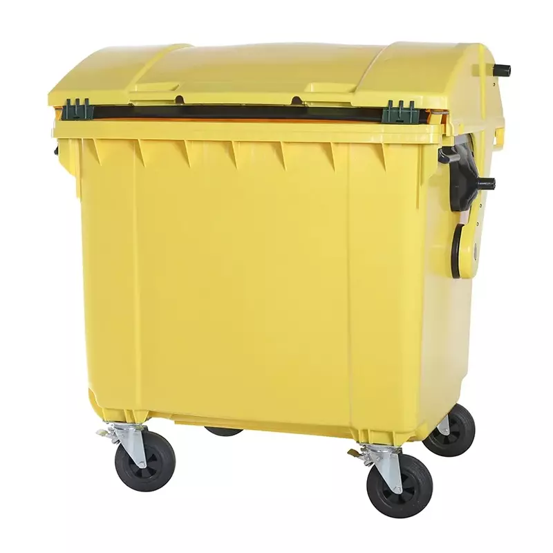 Plastic waste container 1100 liters round lid with four wheels yellow