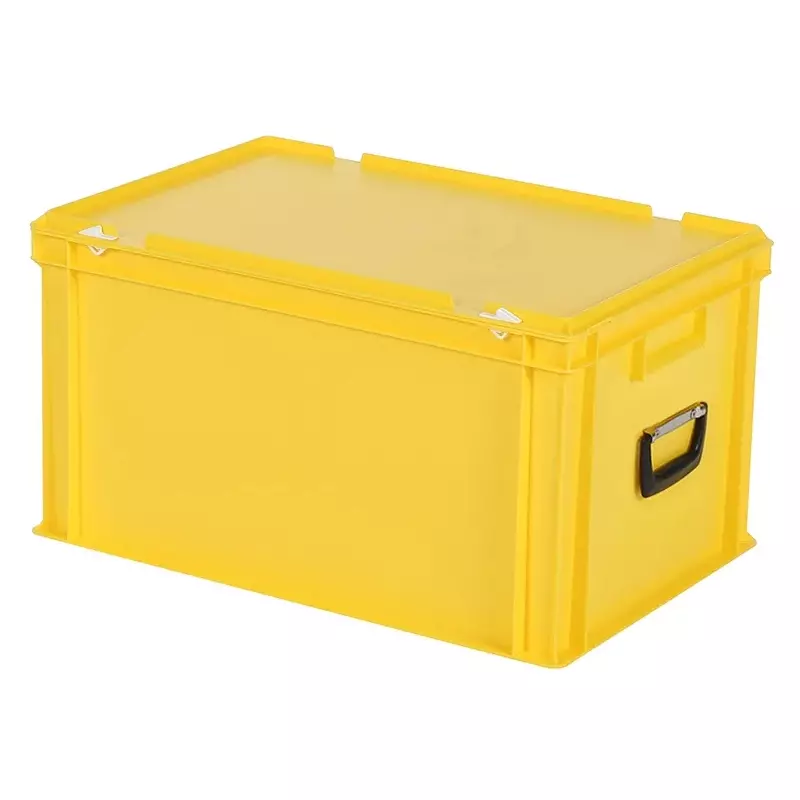 Stacking box with lid and suitcase handle Euronorm 600x400x335 mm 64 liters yellow