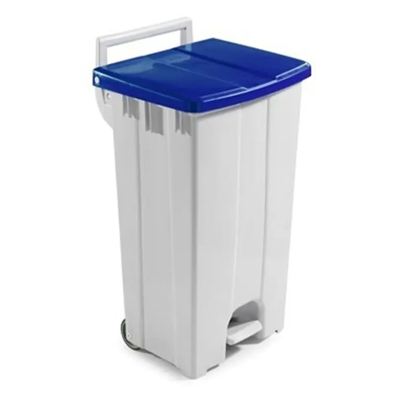 Poubelle à pédale 2 roues en plastique 510 x 470 x 930 mm 90 litres blanc/bleu