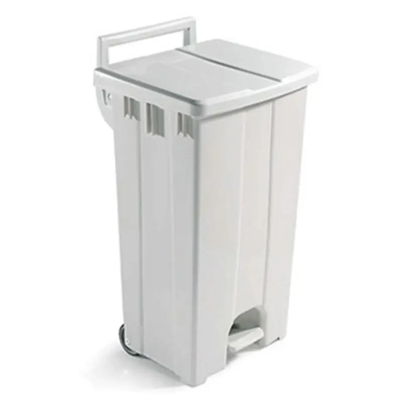 Poubelle à pédale 2 roues en plastique 510 x 470 x 930 mm 90 litres blanche