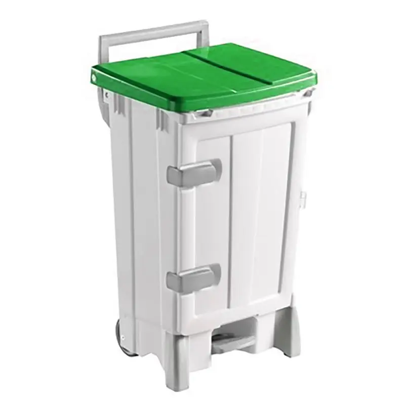 Poubelle à pédale en plastique avec porte, mobile, 90 l, blanc/vert