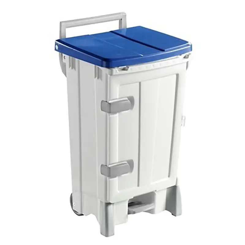 Plastic pedal bin with door, mobile, 90 l, white/blue