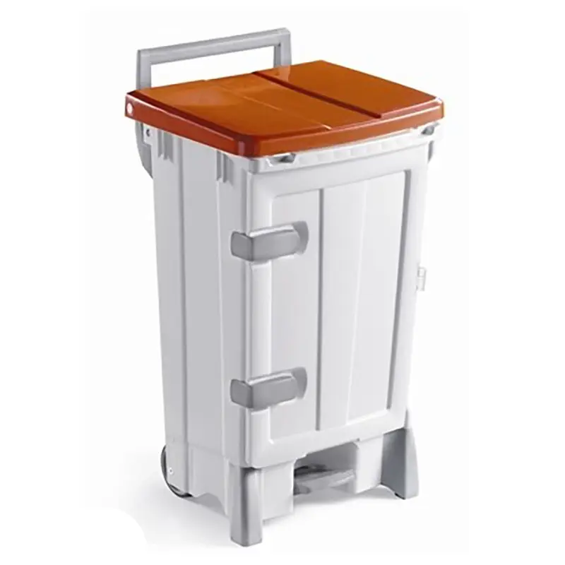 Kunststof pedaalemmer met deur verrijdbaar 90 l wit/rood