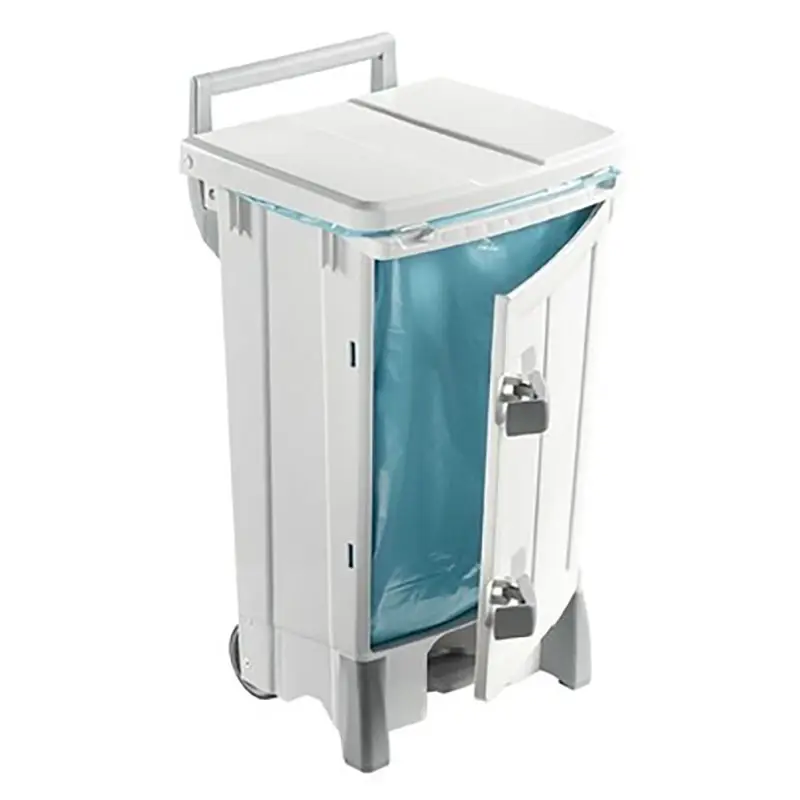 Plastic pedal bin with door, mobile, 90 l, white/white