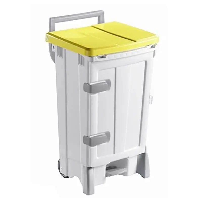 Plastic pedal bin with door, mobile, 90 l, white/yellow