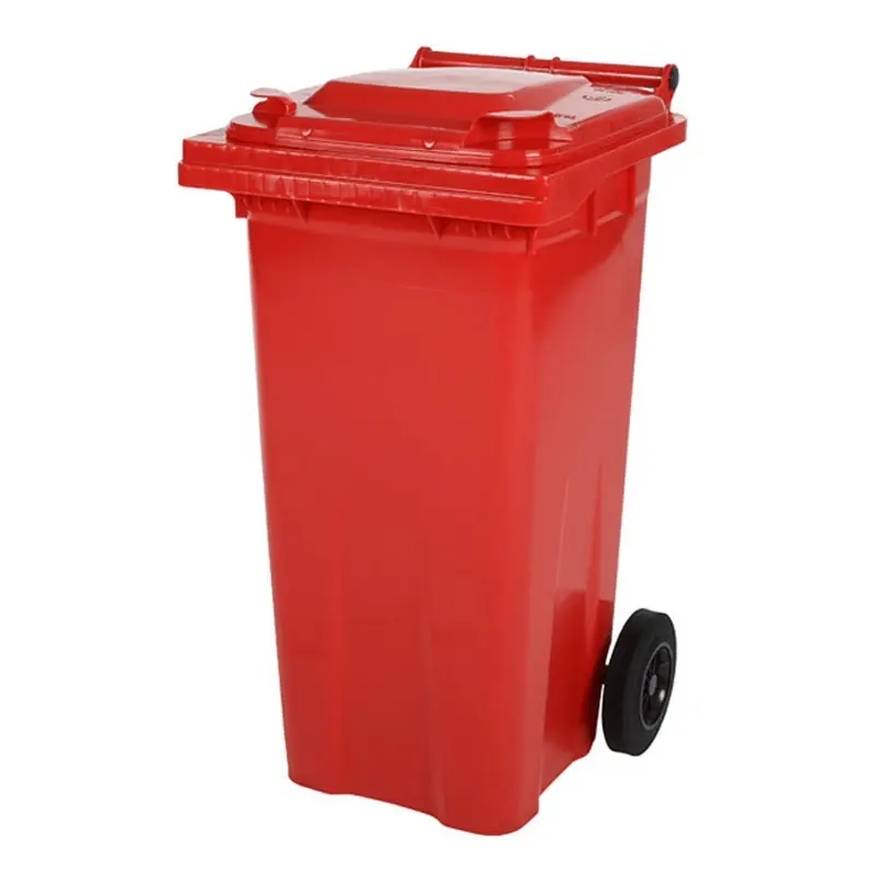 Red plastic waste container 120 liters with two wheels