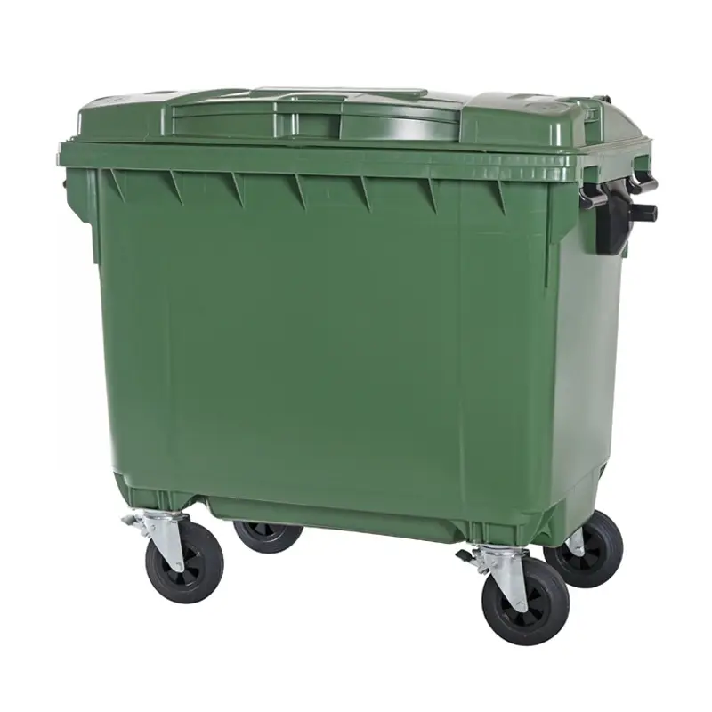 Plastic waste container 660 liters with four wheels green