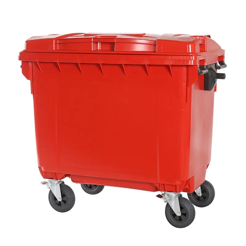 Red plastic waste container 660 liters with four wheels