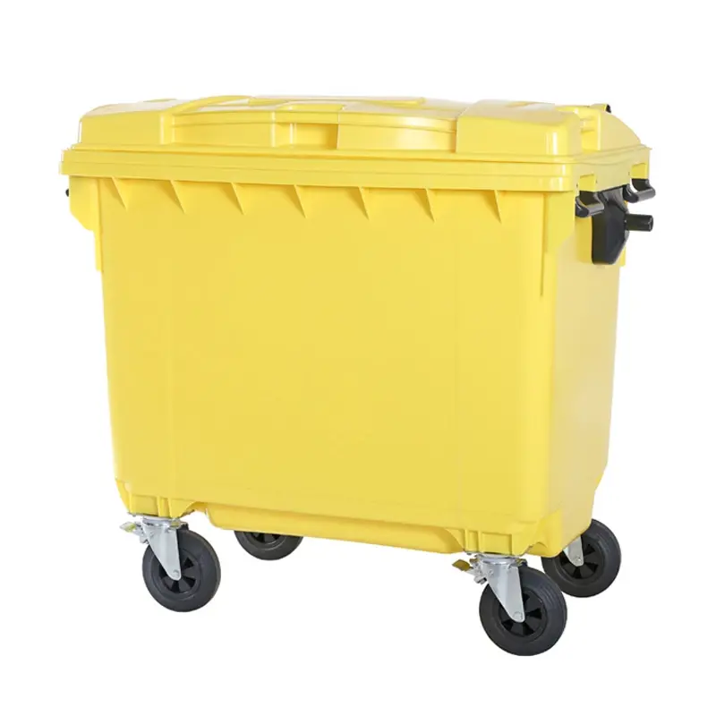 Plastic waste container 660 liters with four wheels yellow