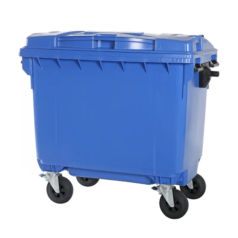 Plastic waste container 660 liters with four wheels blue