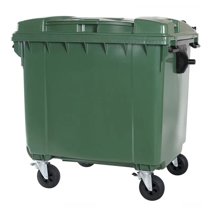 Plastic waste container 1100 liters flat lid with four wheels green