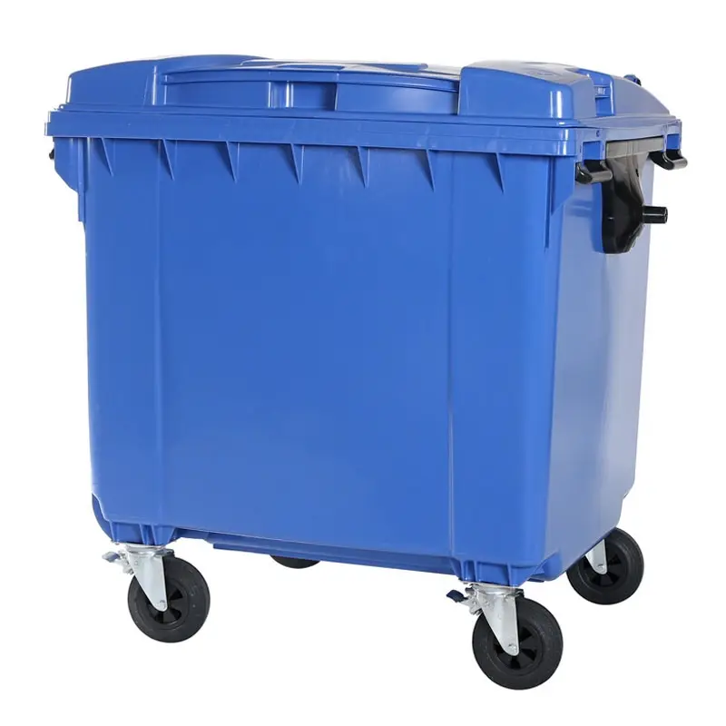 Plastic waste container 1100 liters flat lid with four wheels blue