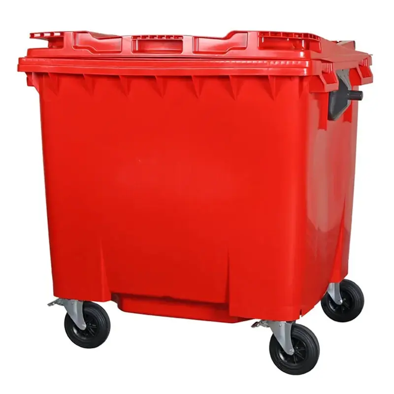 Plastic waste container 1100 liters flat lid with four wheels red