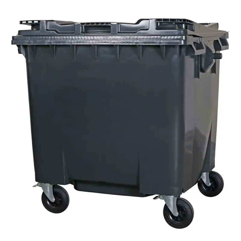 Plastic waste container 1100 liters flat lid with four wheels dark gray
