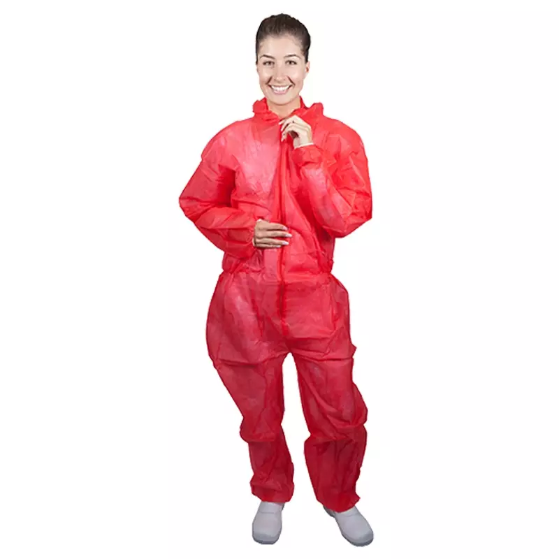 Combinaison jetable Hycare à capuche et fermeture éclair, en polypropylène non tissé rouge, taille L