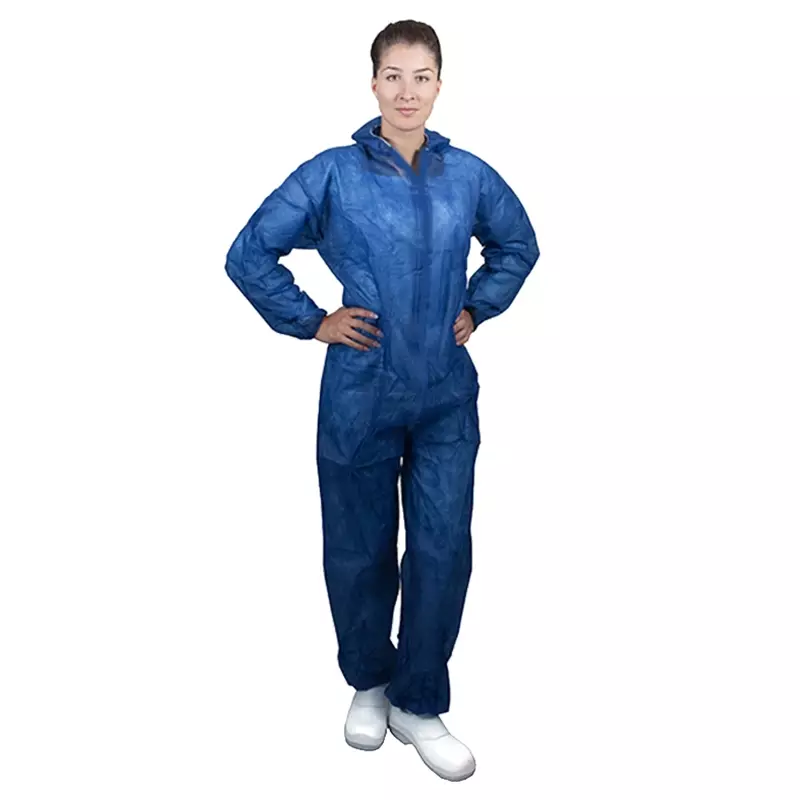 Combinaison jetable avec fermeture Velcro et capuche, en polypropylène non tissé, bleue, taille L