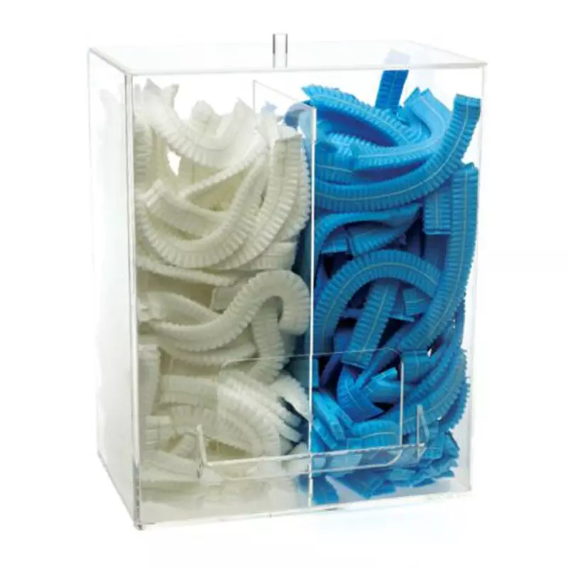 Transparent acrylic dispenser with 2 compartments for disposable hairnets