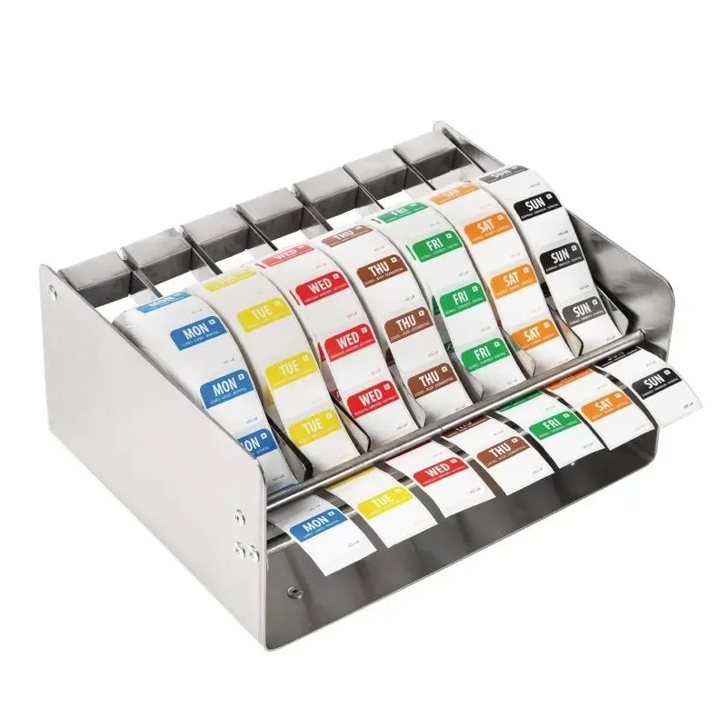 Stainless steel dispenser for weekday stickers