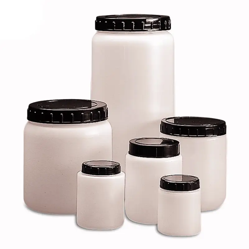 Pot d'échantillon à large col en PEHD avec bouchon à vis et poussoir, 2000 ml, blanc