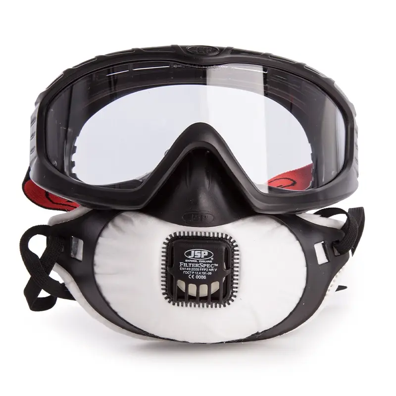 JSP Filterspec PRO stofmasker en overzetbril FFP2 met uitademventiel