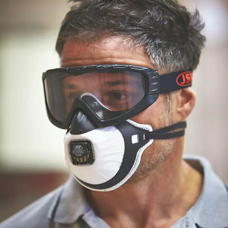JSP Filterspec PRO stofmasker en overzetbril FFP2 met uitademventiel