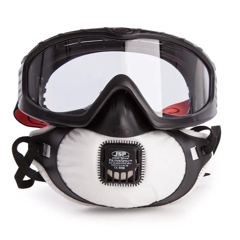 JSP Filterspec PRO dust mask and FFP3 safety glasses with exhalation valve