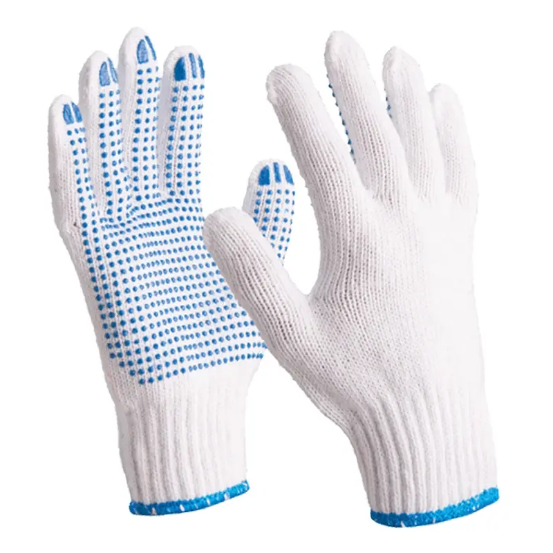 Round knitted glove with blue PVC dots