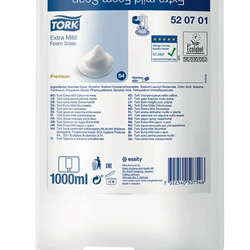 Savon moussant extra doux Tork pour distributeur S4 1000 ml