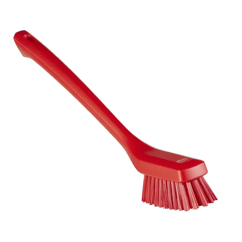 Brosse à vaisselle étroite à long manche, rigide, rouge, référence UK 41854, 420 mm