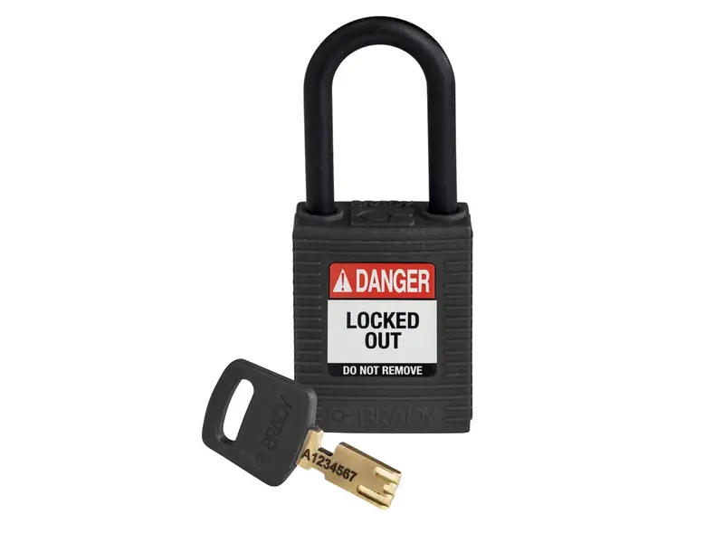 Cadenas de sécurité Brady SafeKey en nylon noir, modèle 150231, signalant un danger de verrouillage.