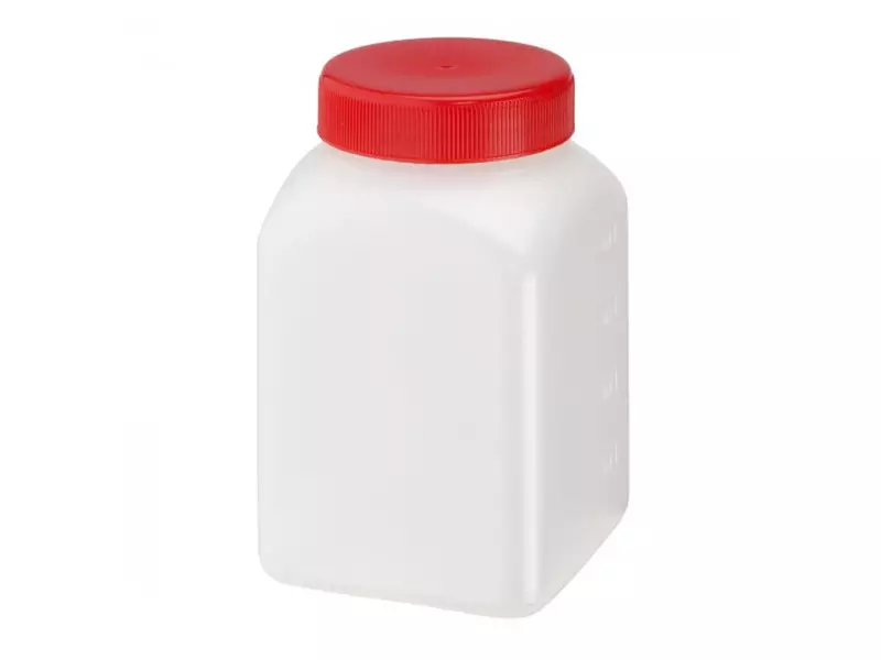Sample jar square screw cap sterile HDPE 76x76x120 mm DIN60 500 ml red