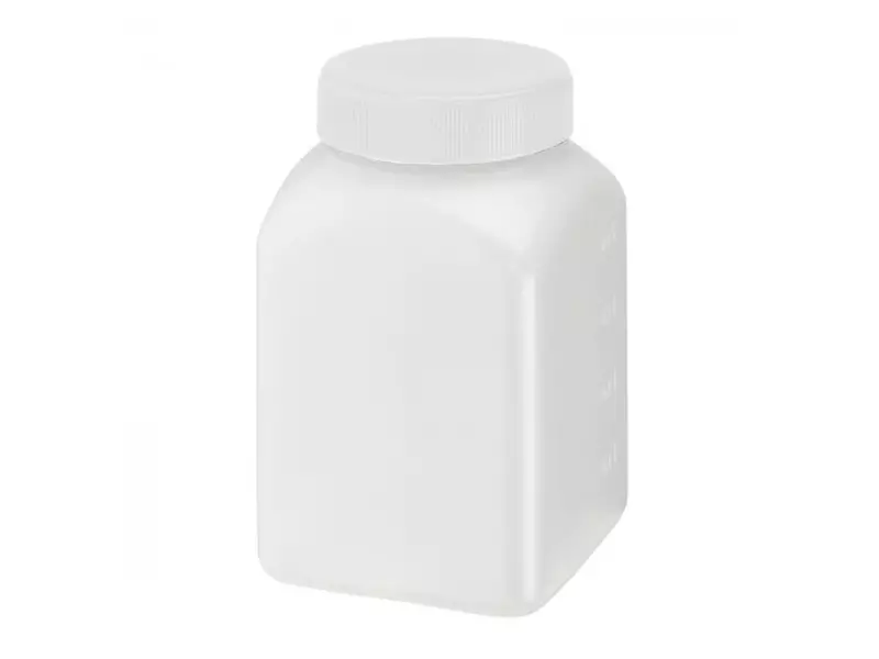 Sample jar square screw cap sterile HDPE 76x76x120 mm DIN60 500 ml white