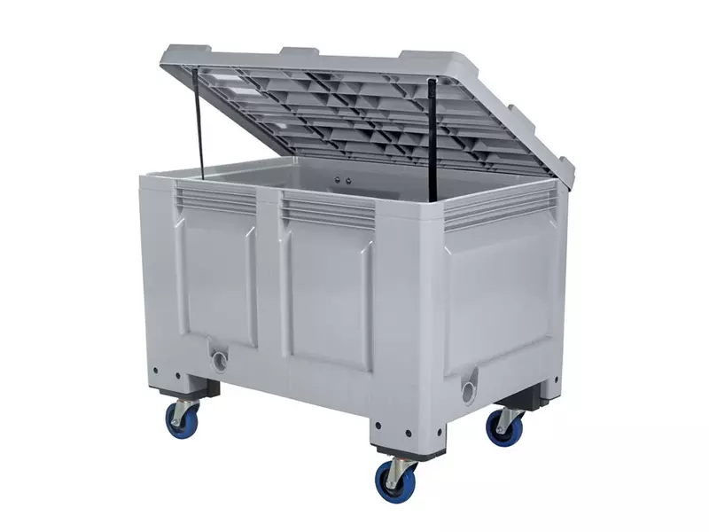 Caisse-palette avec 4 roues pivotantes et couvercle, 1200 x 800 x 955 mm, 535 litres, grise