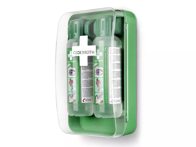 Support mural Cederroth 51011040 fermé avec 2 flacons de solution oculaire de 500 ml