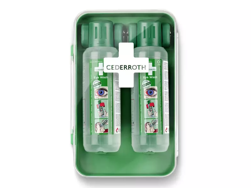 Support mural Cederroth 51011040 fermé avec 2 flacons de solution oculaire de 500 ml
