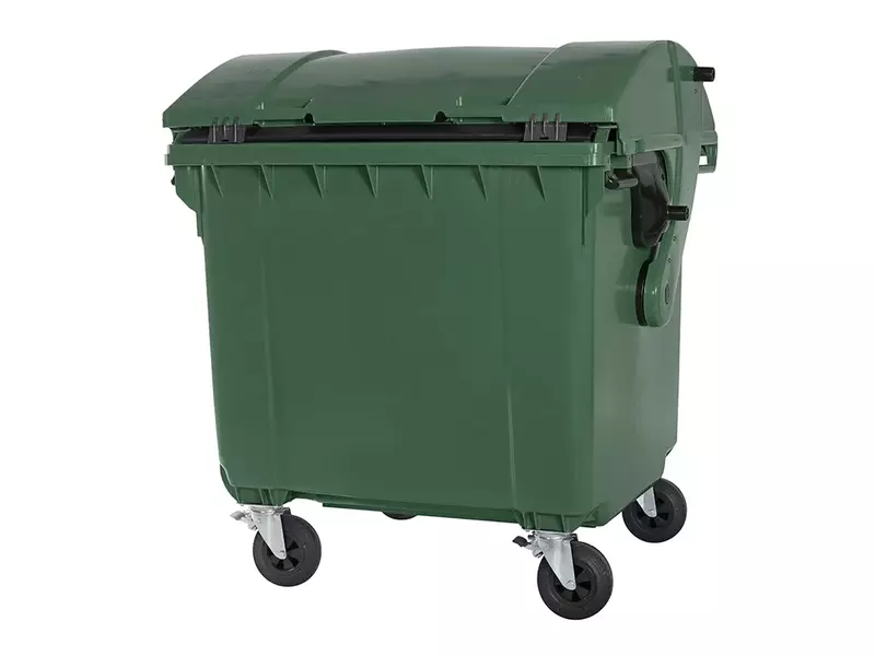 Conteneur à déchets plastiques 1100 litres, couvercle rond, quatre roues, vert
