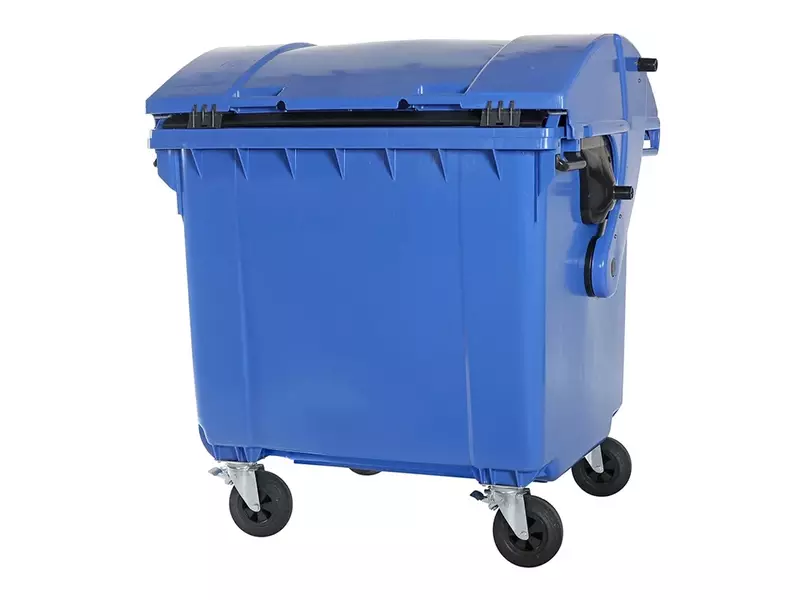 Plastic waste container 1100 liters round lid with four wheels blue