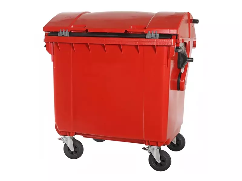 Plastic waste container 1100 liters round lid with four wheels red