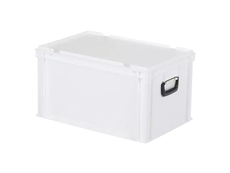 Stacking box with lid and suitcase handle Euronorm 600x400x335 mm 64 liters white