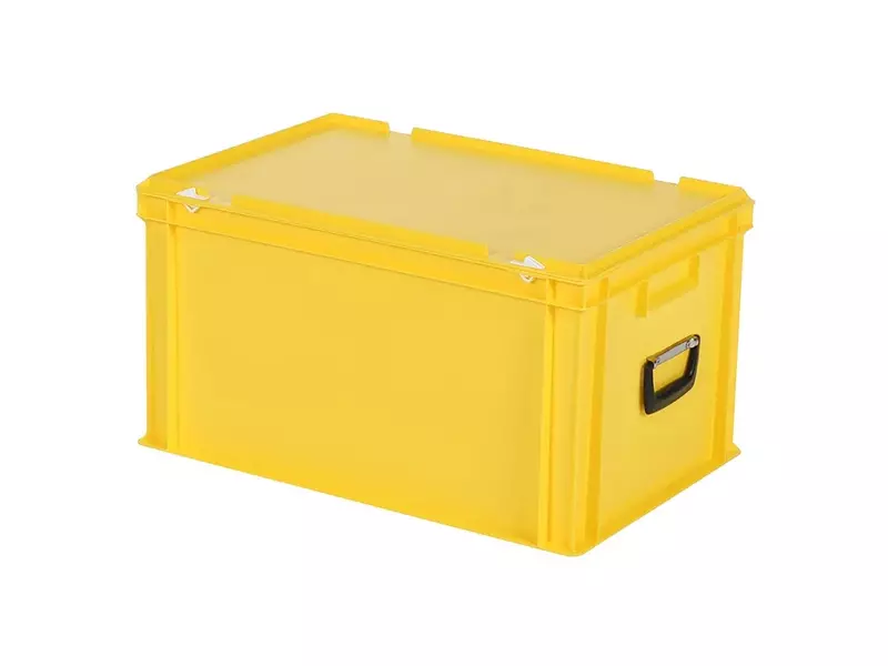 Stacking box with lid and suitcase handle Euronorm 600x400x335 mm 64 liters yellow